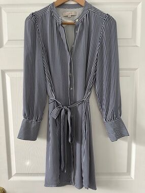 LOFT Navy and White Striped Tie-Waist Long Sleeve Dress
